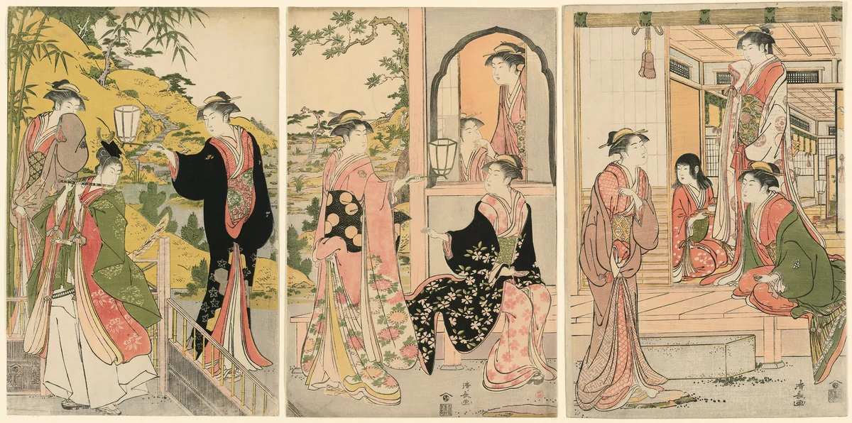 A Modern Version of Ushiwakamaru Serenading Princess Joruri by Torii Kiyonaga (鳥居清長), print, 1780-1790