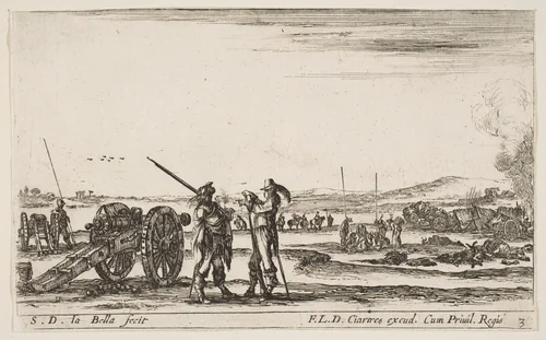 An officer giving orders to a soldier in centre foreground, cannon at left, plate 3 from "Various Military Caprices" (Varii capricci militari) by Stefano della Bella, print, 1636-1646