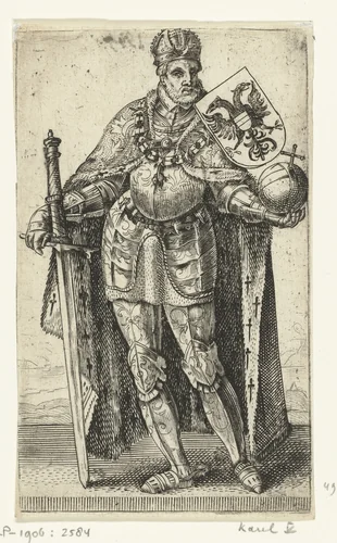 Portret van Karel V van Habsburg, Duits keizer, koning van Spanje by Adriaen Matham, print, 1620