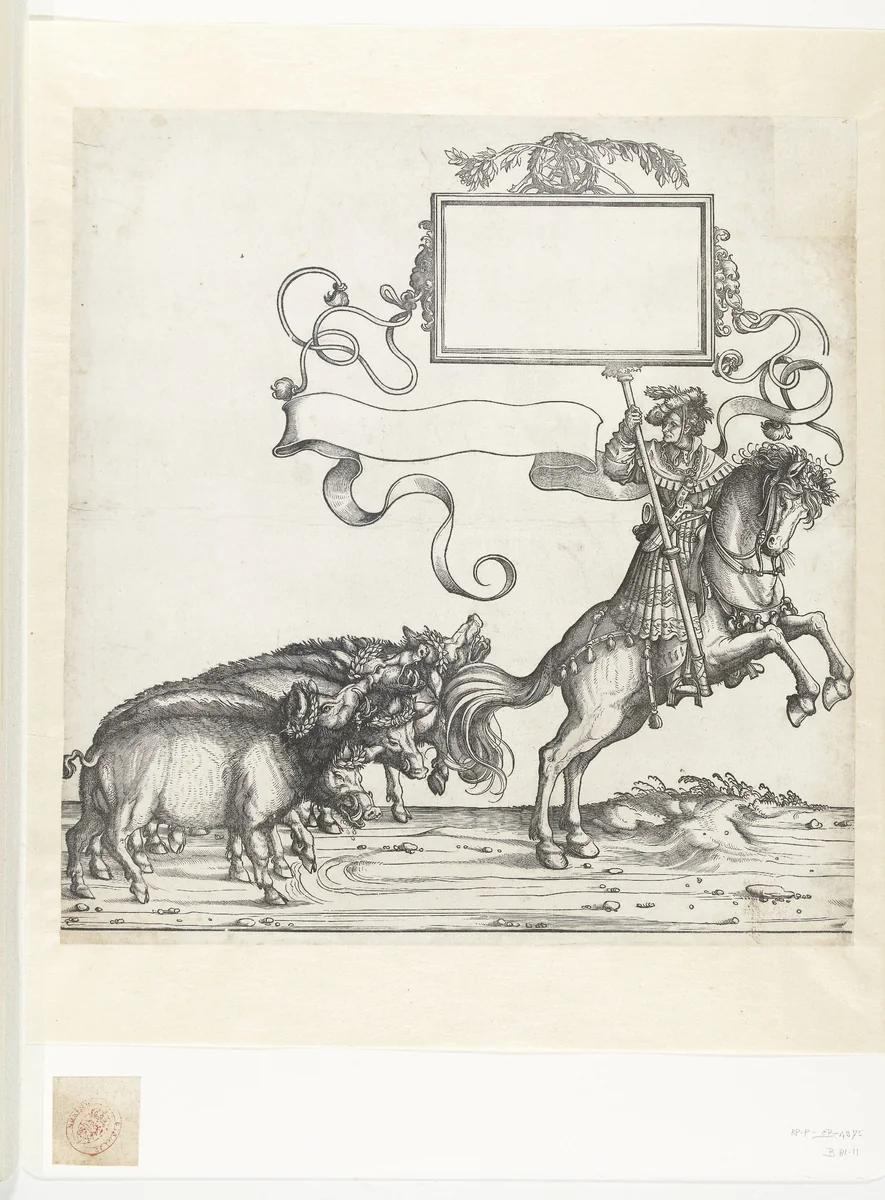 Vijf wilde zwijnen en standaarddrager te paard by Unknown, print, 1483-1526
