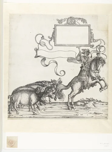 Vijf wilde zwijnen en standaarddrager te paard by Unknown, print, 1483-1526