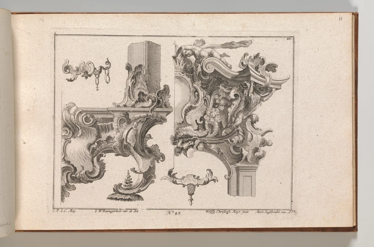 Suggestion for the Decoration of Lower Right and Top Right of an Altar Frame, Plate 1 from an Untitled Series with Rocailles Ornaments for Altar and Door Frames by Wolffgang Christoph Mayr, book, 1745-1755