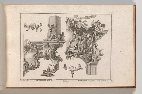 Suggestion for the Decoration of Lower Right and Top Right of an Altar Frame, Plate 1 from an Untitled Series with Rocailles Ornaments for Altar and Door Frames by Wolffgang Christoph Mayr, book, 1745-1755