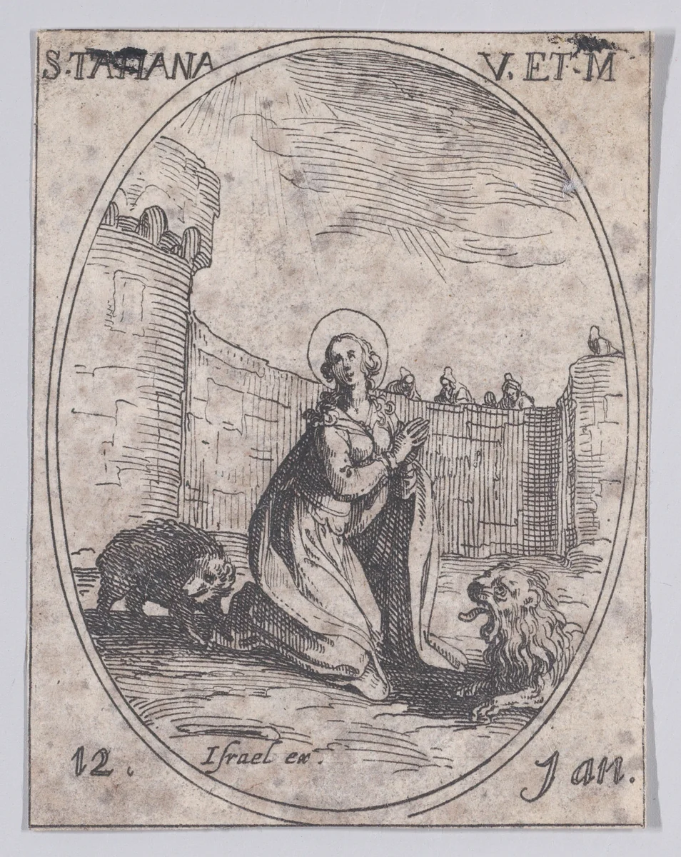 Ste. Tatienne, vierge et martyre (St. Tatiana, Virgin and Martyr), January 12th, from "Les Images De Tous Les Saincts et Saintes de L'Année" (Images of All of the Saints and Feast Days of the Year) by Jacques Callot, print, 1636