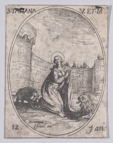 Ste. Tatienne, vierge et martyre (St. Tatiana, Virgin and Martyr), January 12th, from "Les Images De Tous Les Saincts et Saintes de L'Année" (Images of All of the Saints and Feast Days of the Year) by Jacques Callot, print, 1636