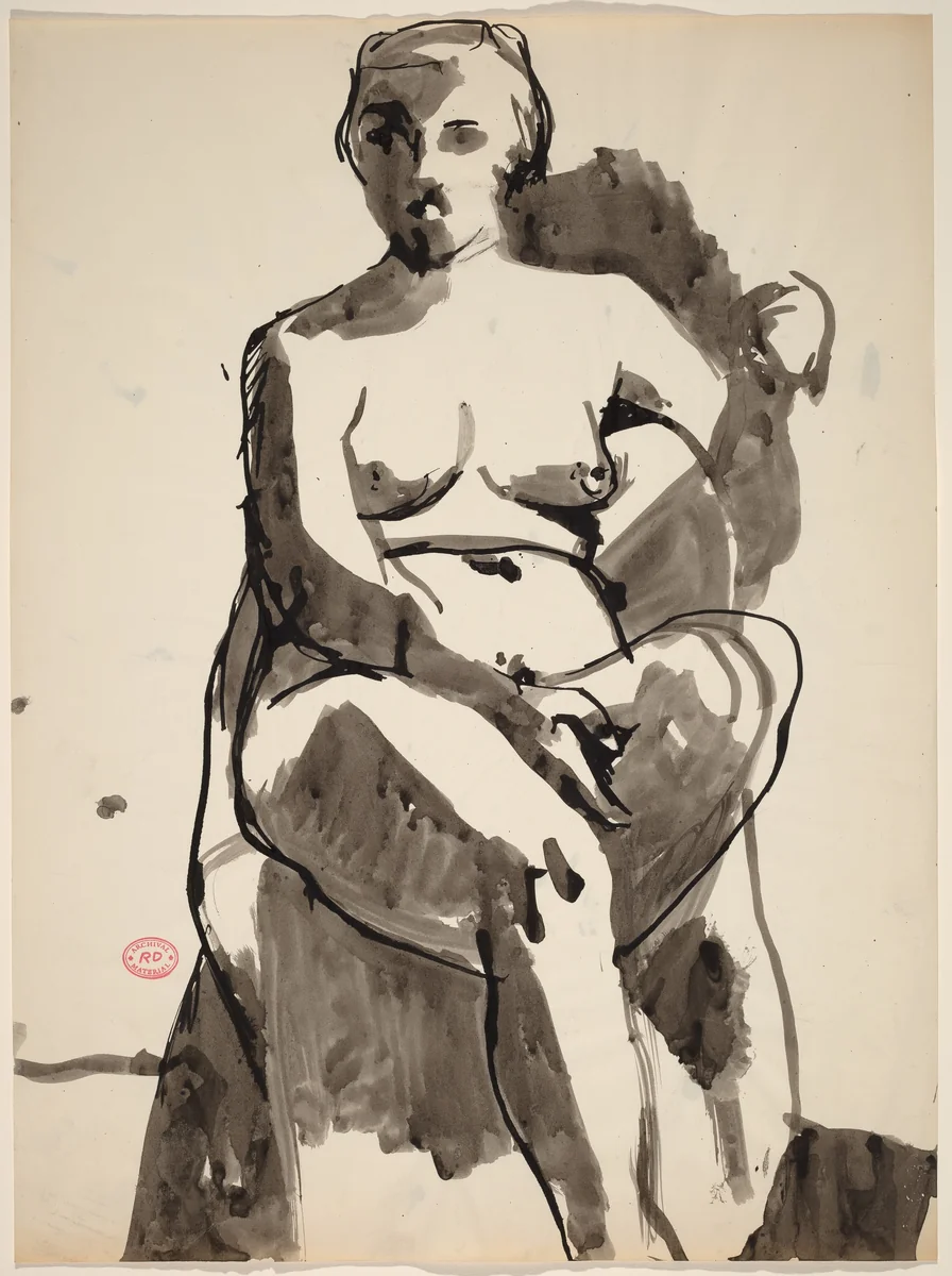 Untitled [seated nude with her left arm over the chair back] by Richard Diebenkorn, drawing, 1955-1967