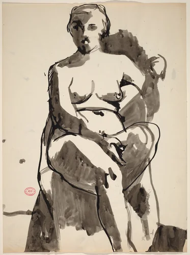 Untitled [seated nude with her left arm over the chair back] by Richard Diebenkorn, drawing, 1955-1967