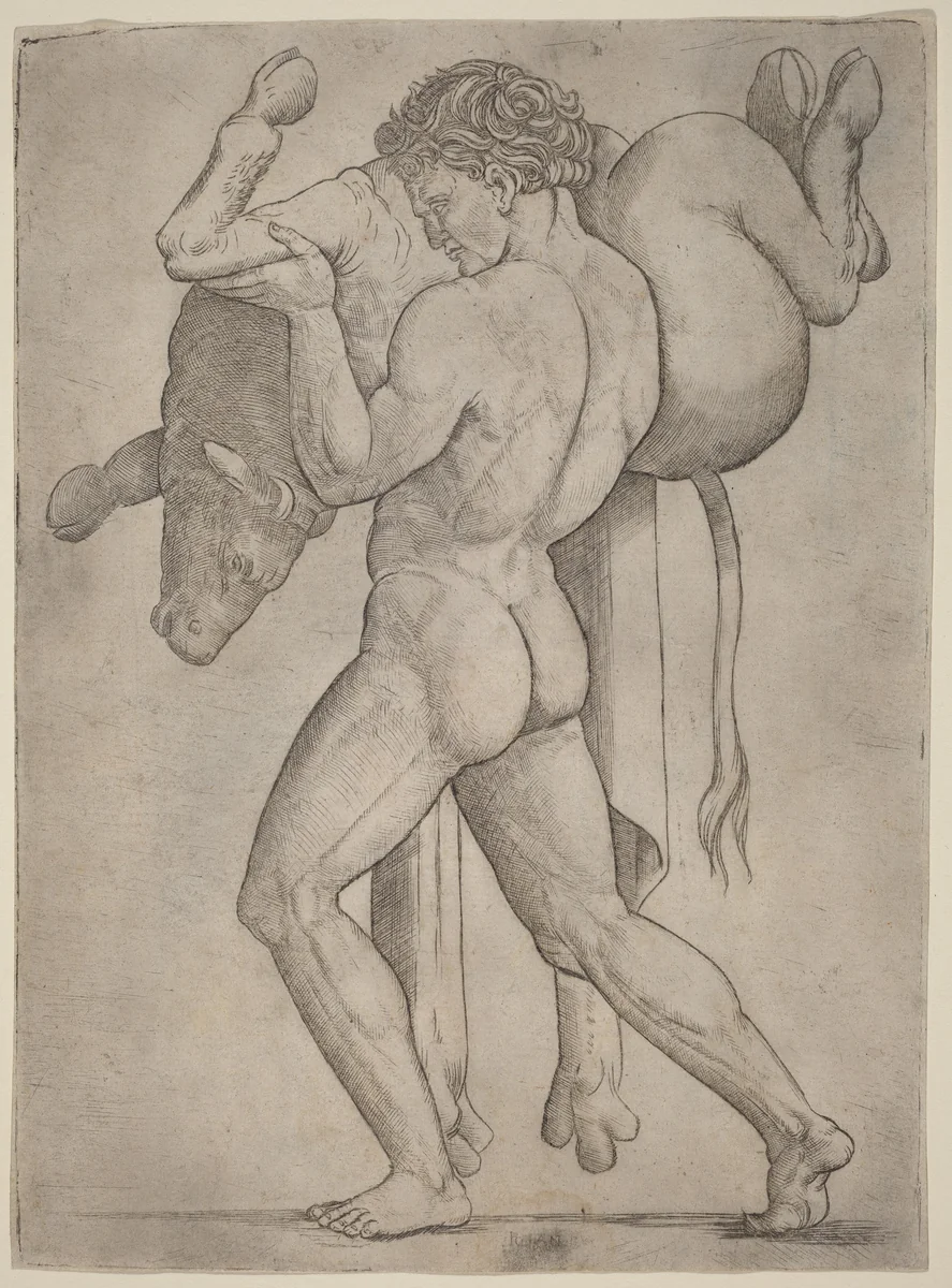 Hercules and the Cretan Bull by Giovanni Antonio da Brescia, print, 1514-1515