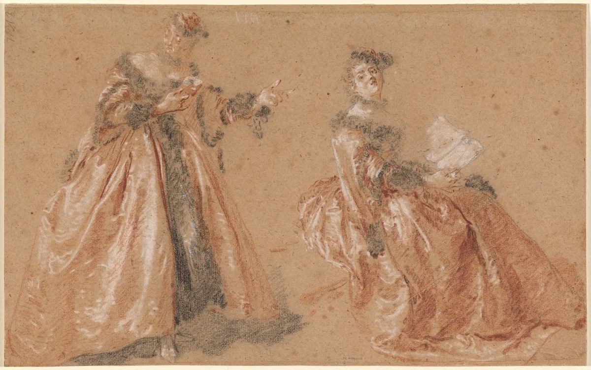 Two Elegant Women in Polish Dress by Nicolas Lancret, drawing, 1718-1725