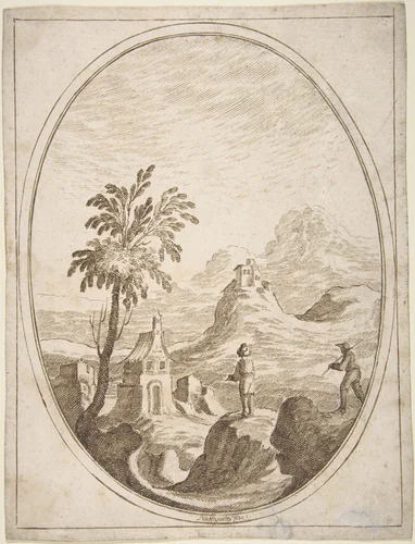 Vertical Oval Vignette of a Mountainous Landscape with Two Shepherds in the Foreground. by Carlo Antonio Buffagnotti, drawing, 1680-1710