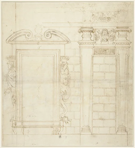 Paleisfaçade met monumentale zuilenstelling boven rustica onderbouw by anonymous, drawing, 1500-1599
