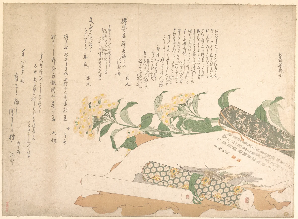 Daisies and Two Makimono by Kitao Shigemasa (北尾重政), print, 1790-1810