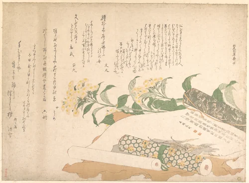 Daisies and Two Makimono by Kitao Shigemasa (北尾重政), print, 1790-1810