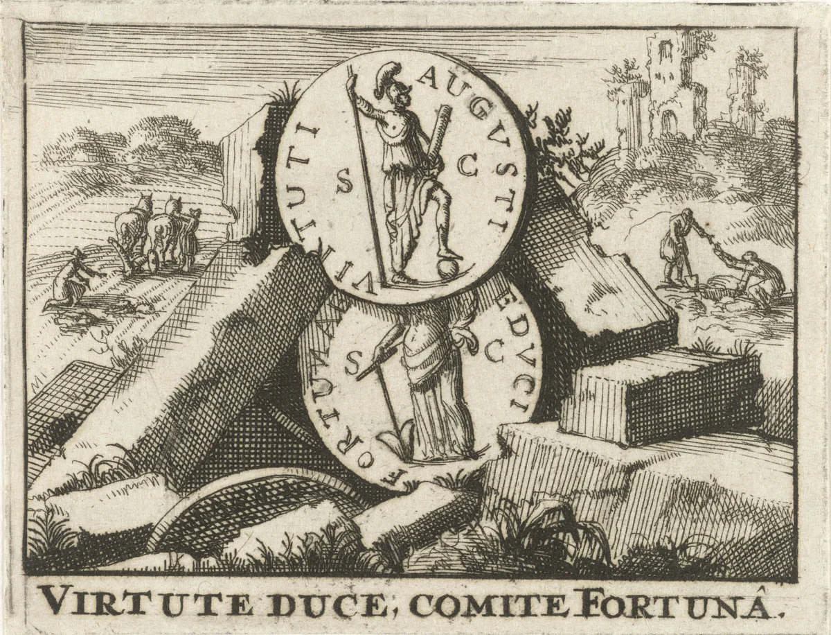 Romeinse munten steunend op een hoop stenen by Jan Claesz ten Hoorn, print, 1688