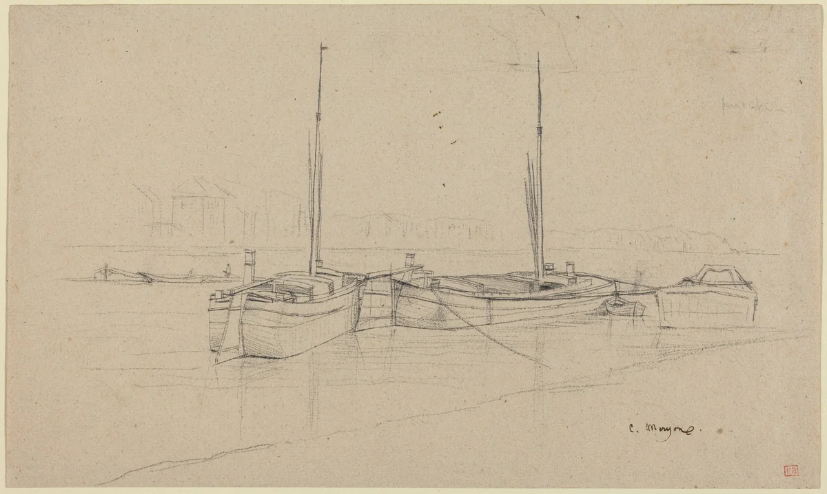 Boats on River with Masts by Charles Meryon, drawing, 1821-1868