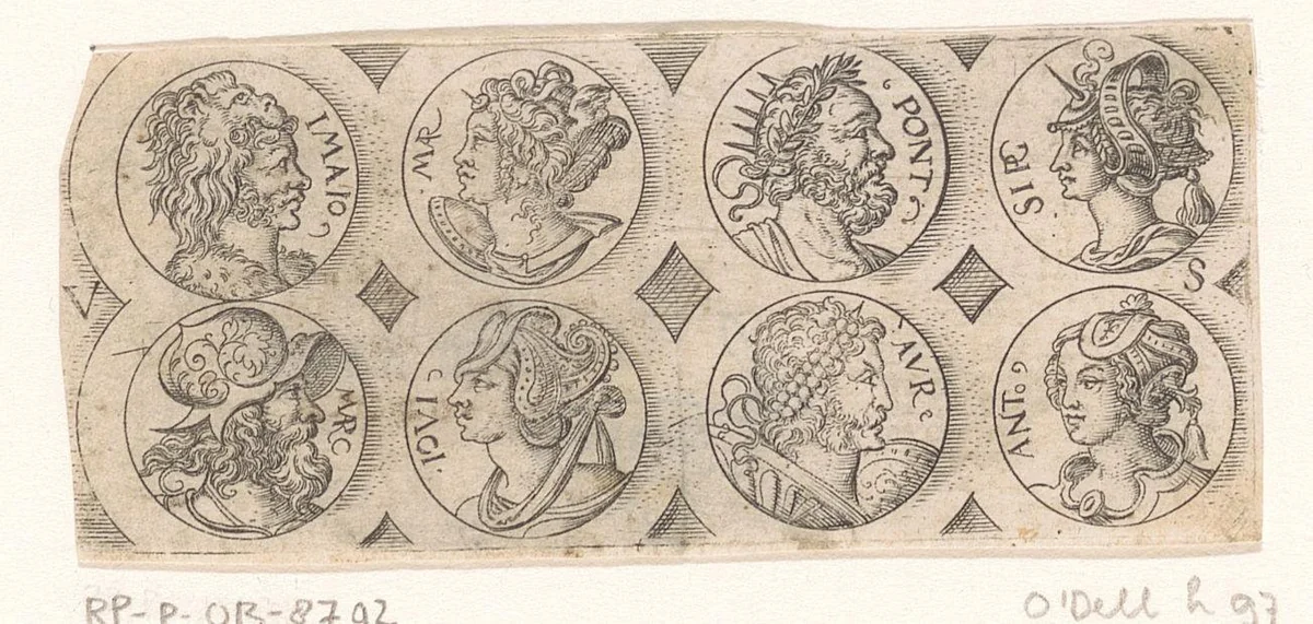 Acht bustes in medaillons by Unknown, print, 1524-1562