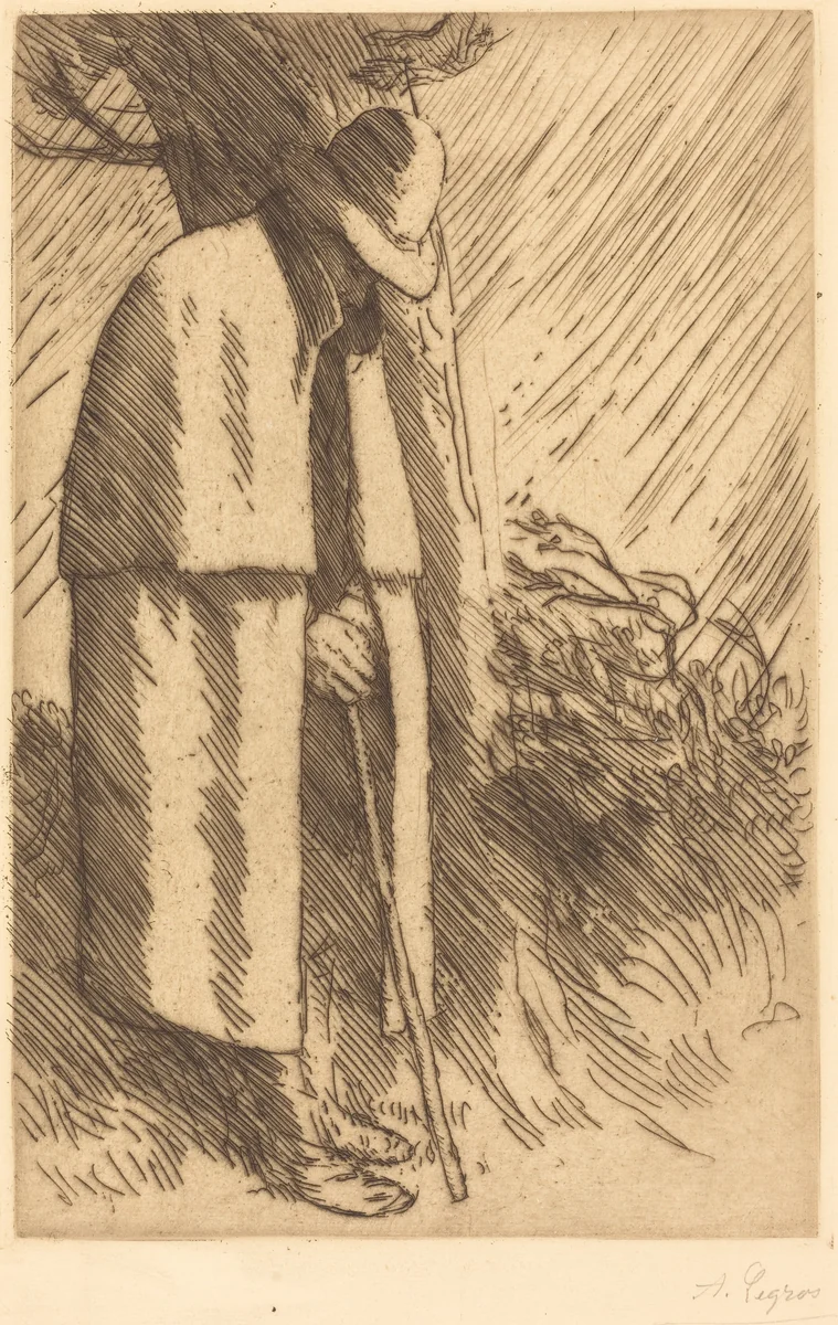 Traveler taking Shelter (Le voyageur a l'abri) by Alphonse Legros, print, 1837-1911