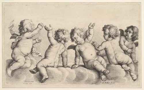 Three Cherubs and Two Boys on Clouds by Wenceslaus Hollar, print, 1650-1660