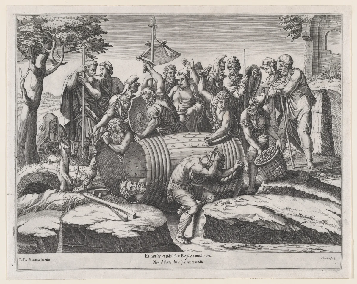 Attilius Regulus in a Barrel, from "Speculum Romanae Magnificentiae" by Diana Scultori, print, 1535-1588