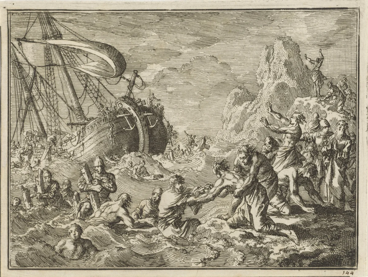 Schipbreuk van de apostel Paulus bij Malta by Jan Luyken, print, 1712