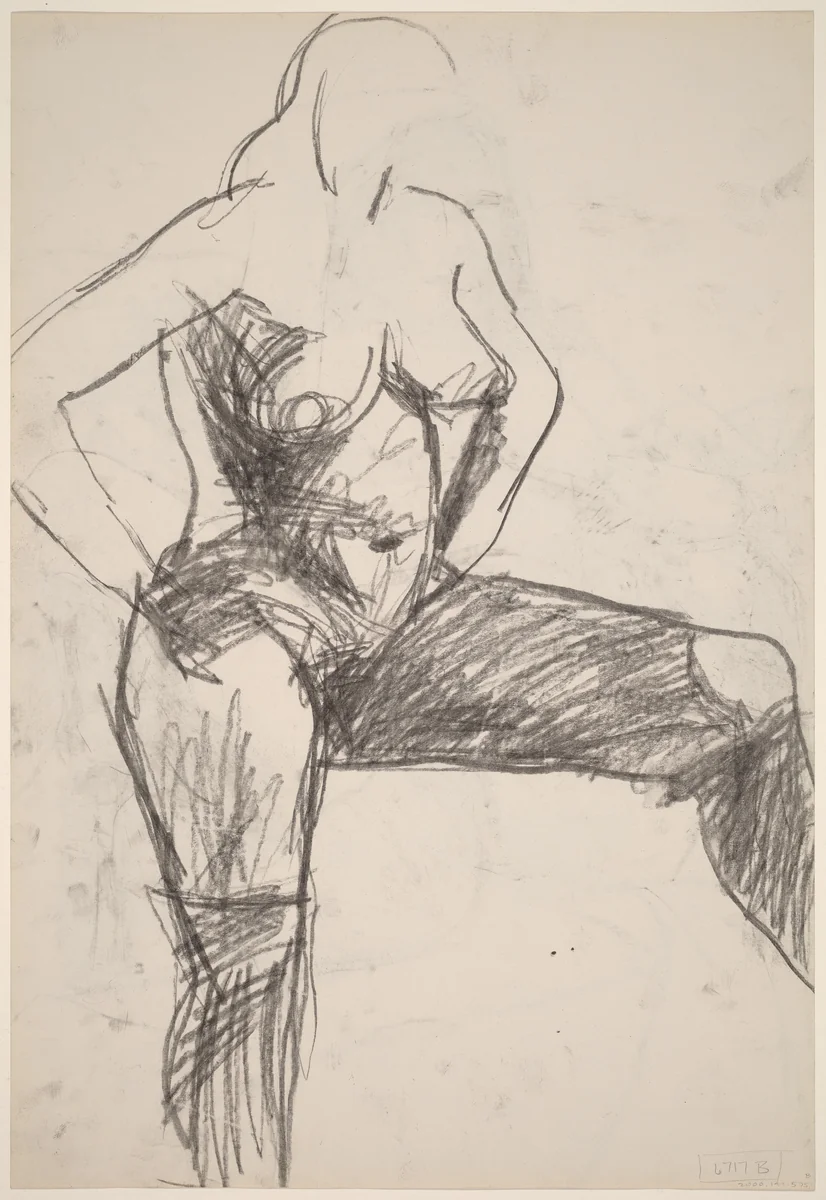 Untitled [female nude with arms akimbo and left leg raised] [verso] by Richard Diebenkorn, drawing, 1959