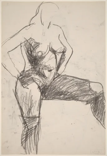 Untitled [female nude with arms akimbo and left leg raised] [verso] by Richard Diebenkorn, drawing, 1959