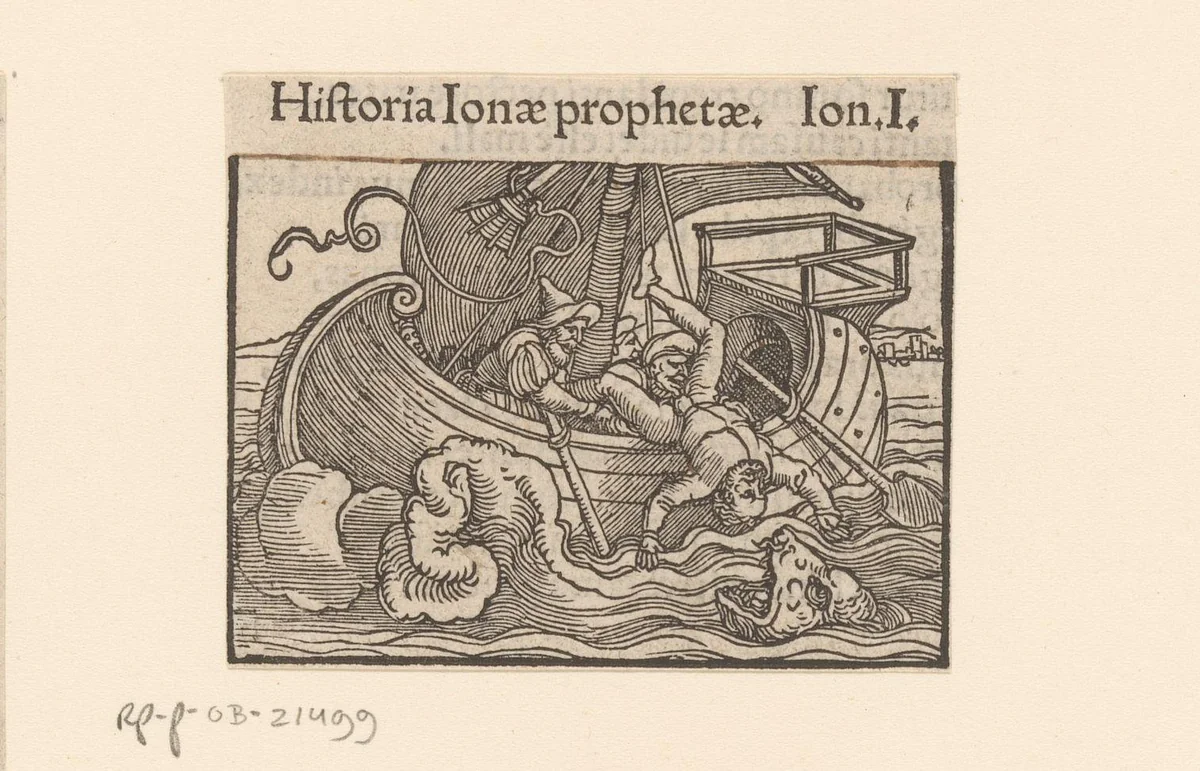 Jona wordt overboord gegooid in de mond van de walvis by anonymous, print, 1530-1533