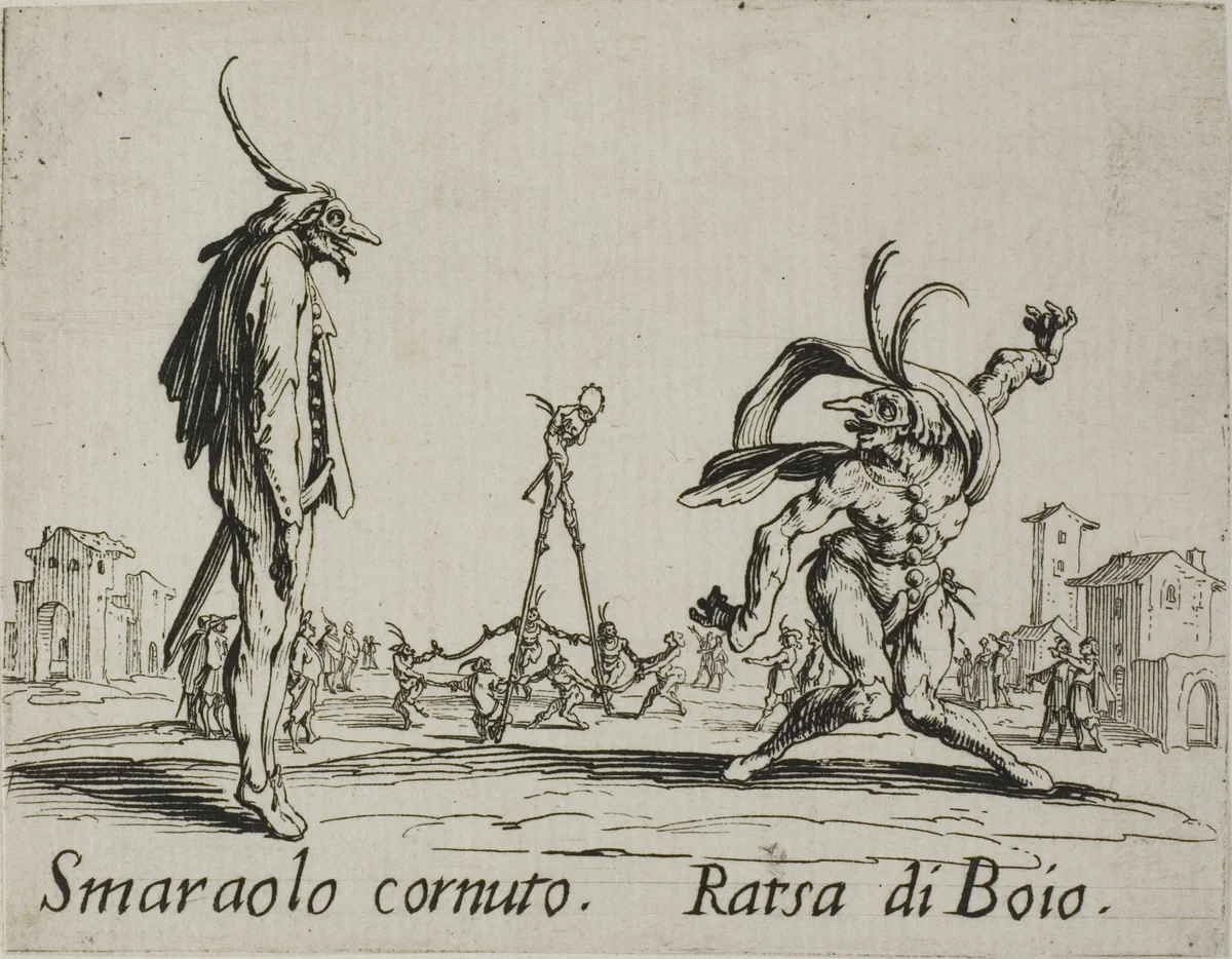 Smaraolo cornuto - Ratsa di Boio, plate 4 from Balli di Sfessania by Jacques Callot, print, 1617-1627