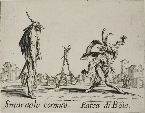 Smaraolo cornuto - Ratsa di Boio, plate 4 from Balli di Sfessania by Jacques Callot, print, 1617-1627