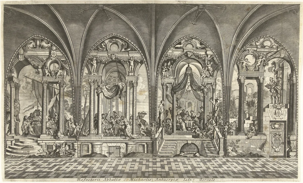 Schilderingen in de refter van de Sint Michielsabdij te Antwerpen by Hendrik Causé, print, 1699