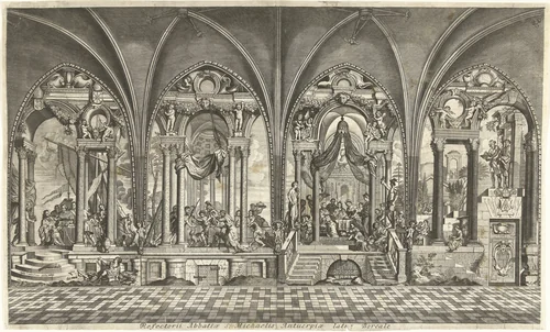 Schilderingen in de refter van de Sint Michielsabdij te Antwerpen by Hendrik Causé, print, 1699