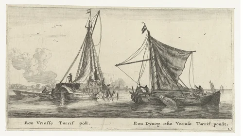 Twee schepen: een Friese turfpont en een Dijnop schuit by Reinier Nooms, print, 1652-1654