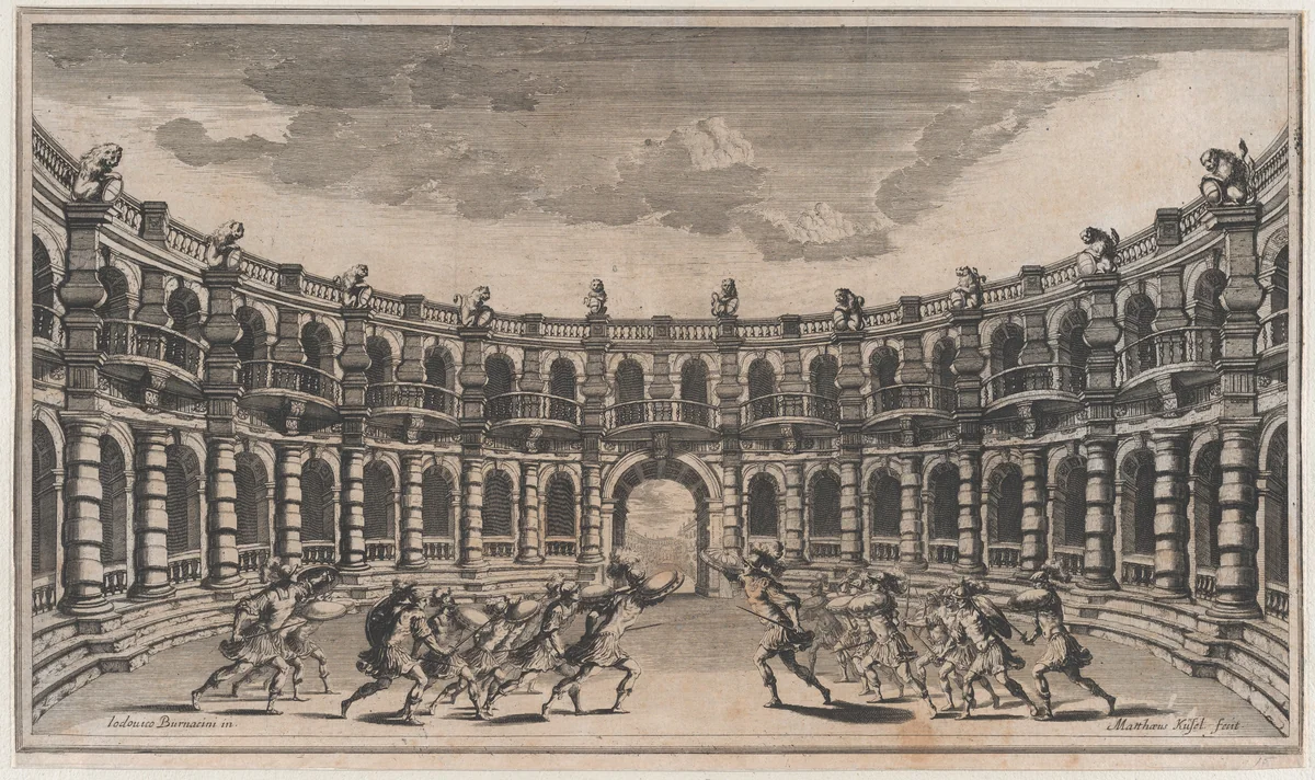 Amphitheater with two groups of soldiers running toward each other; set design from 'Il Pomo D'Oro' by Mathäus Küsel, print, 1668