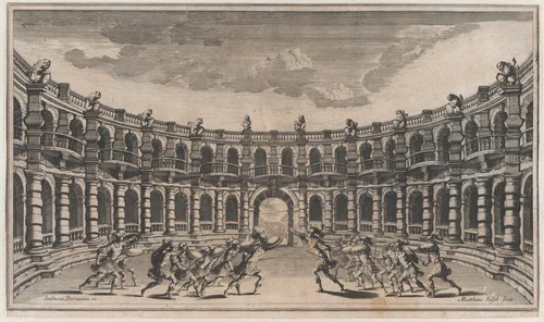 Amphitheater with two groups of soldiers running toward each other; set design from 'Il Pomo D'Oro' by Mathäus Küsel, print, 1668