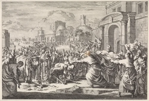 Inwoners van Lystra willen runderen aan de twee apostelen offeren by Jan Luyken, print, 1700