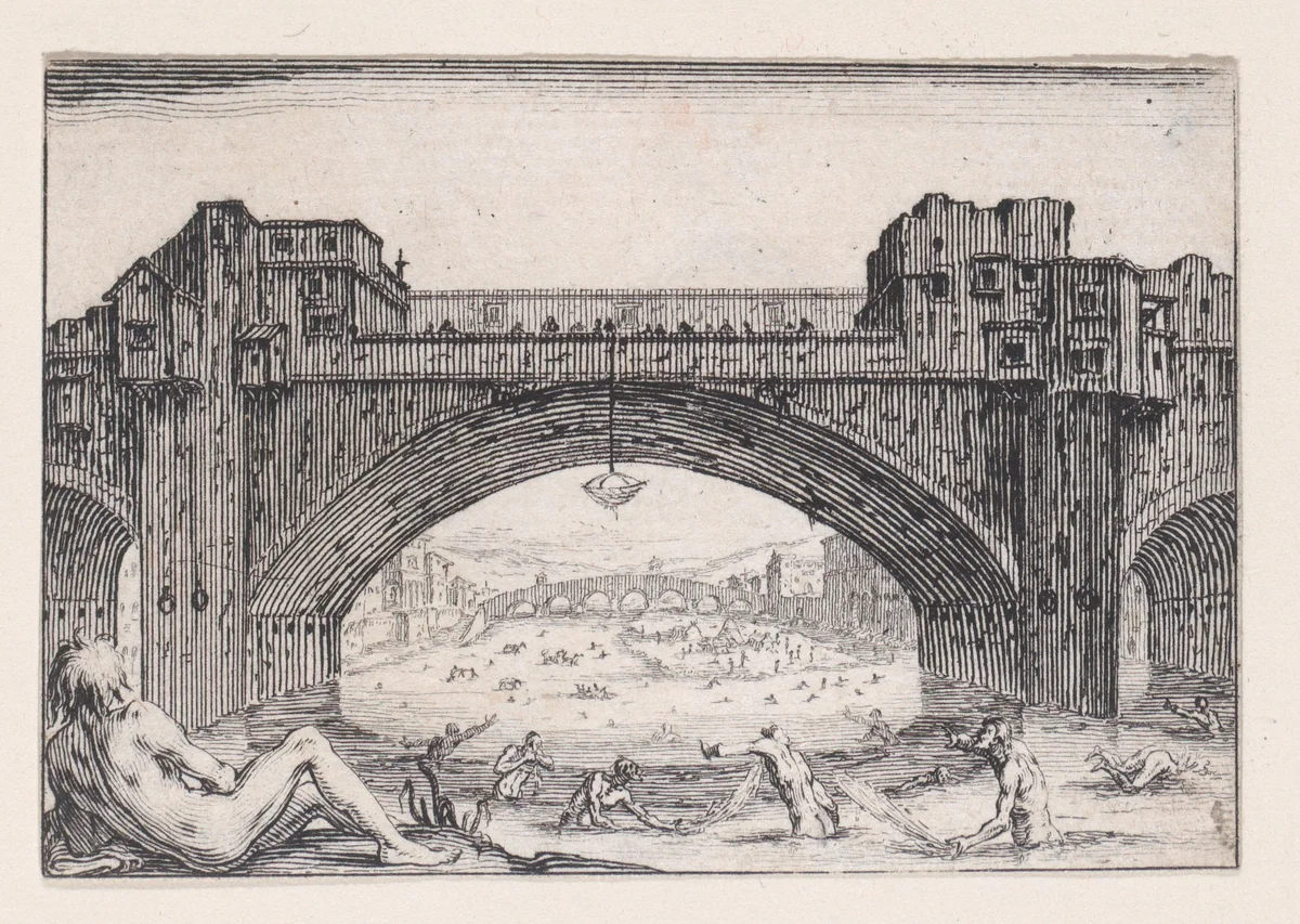 Le Ponte-Vecchio, a Florence (The Ponte-Vecchio in Florence), from "Les Caprices" Series A, The Florence Set by Jacques Callot, print, 1617