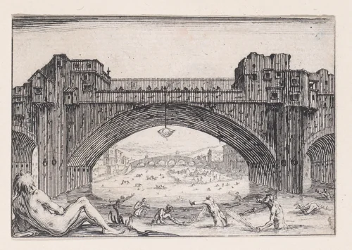 Le Ponte-Vecchio, a Florence (The Ponte-Vecchio in Florence), from "Les Caprices" Series A, The Florence Set by Jacques Callot, print, 1617