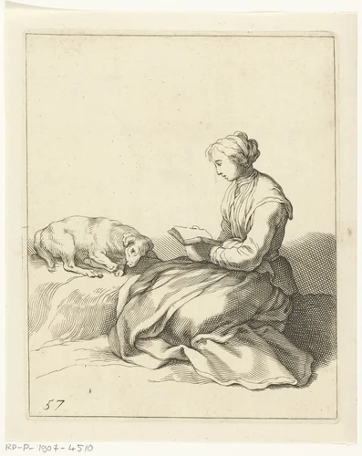 Lezende vrouw met hond by Frederick Bloemaert, print, 1650-1700