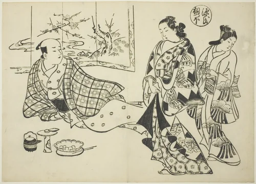 The Kiritsubo Chapter from "The Tale of Genji" (Genji Kiritsubo), from a series of Genji parodies by Okumura Masanobu (奥村政信), print, 1705-1715