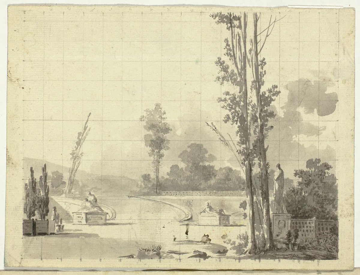 View of the Park at Versailles: Stairway and Two Poplars by Pierre Antoine Mongin, drawing, 1781-1827