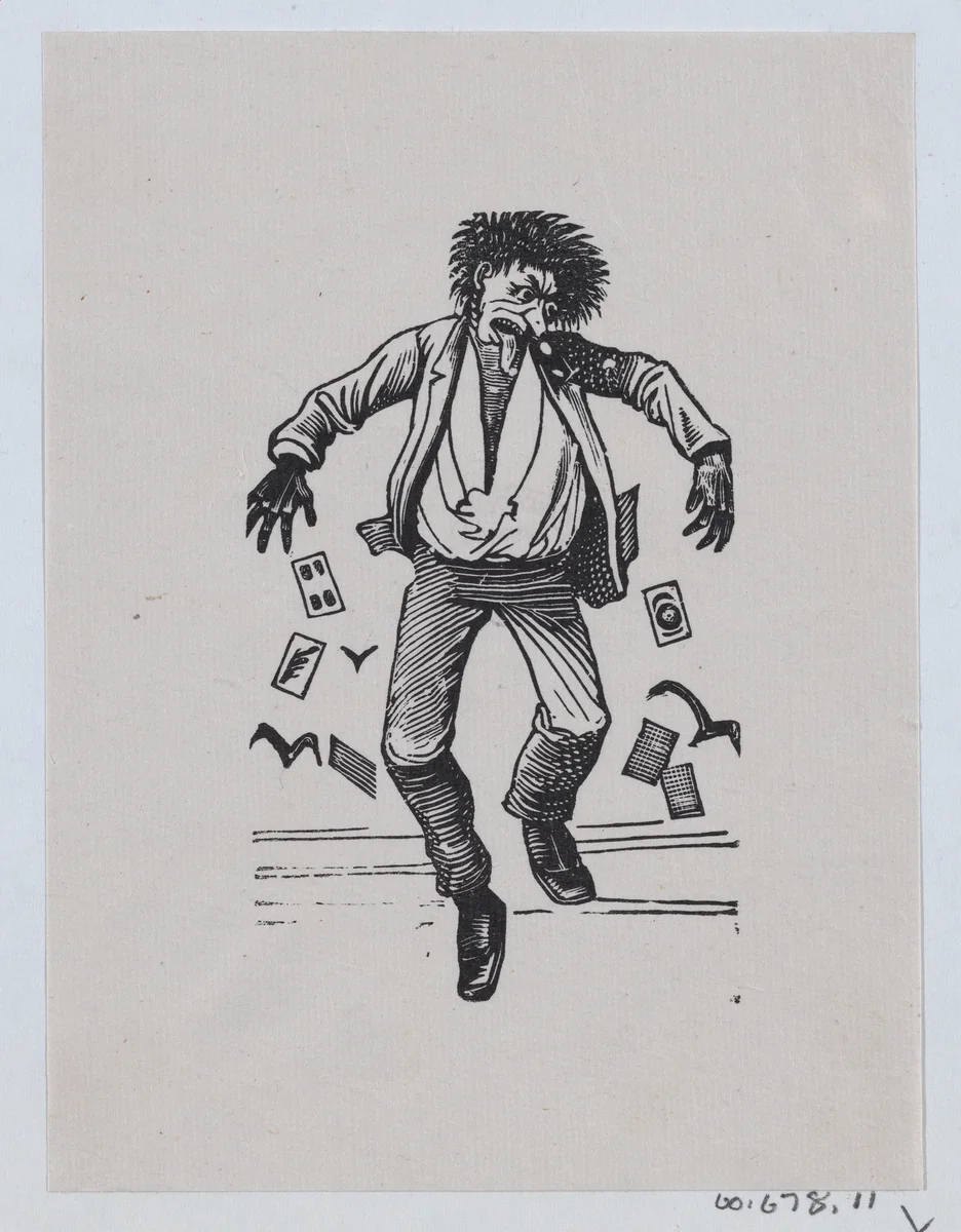 A man with his toungue out jumping in the air while cards fall out of his pockets by José Guadalupe Posada, print, 1875-1885