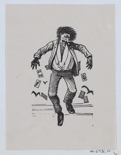 A man with his toungue out jumping in the air while cards fall out of his pockets by José Guadalupe Posada, print, 1875-1885
