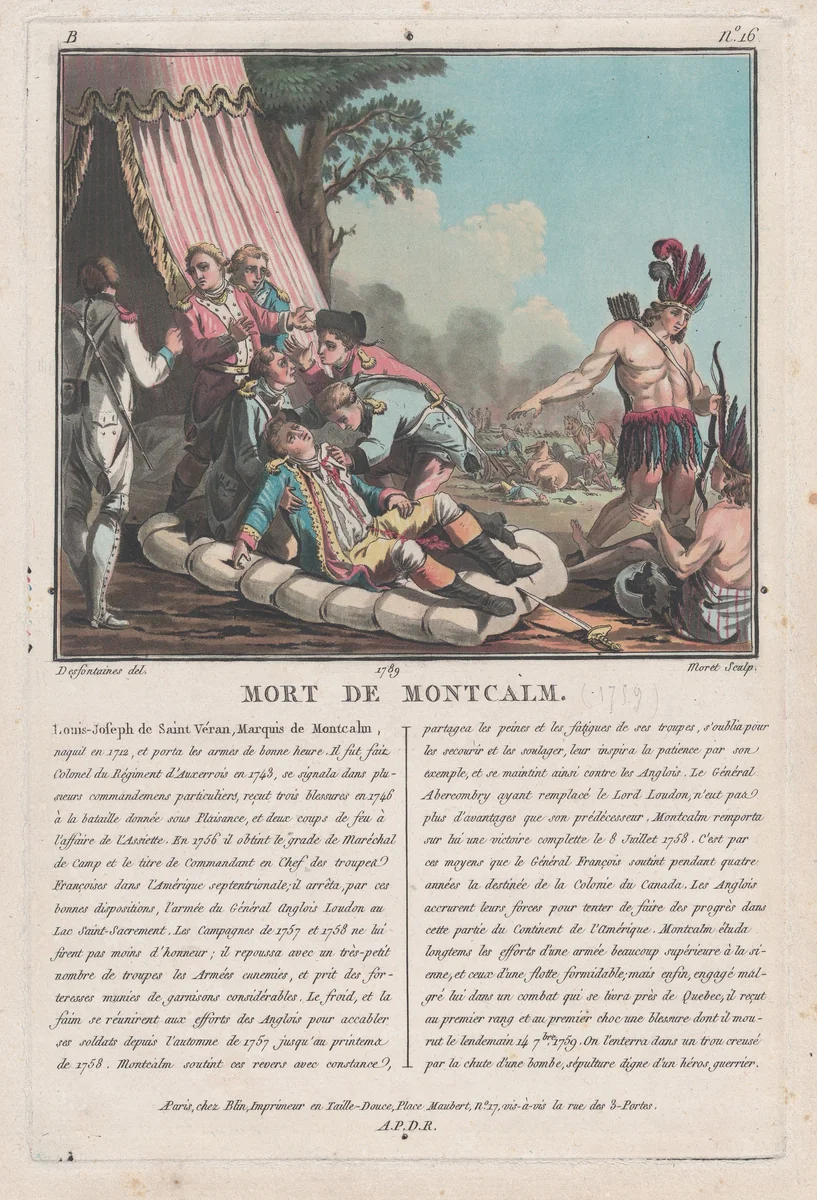 Mort de Montcalm [The Death of Montcalm at Quebec, September 14, 1759] by Jean-Baptiste Morret, print, 1789