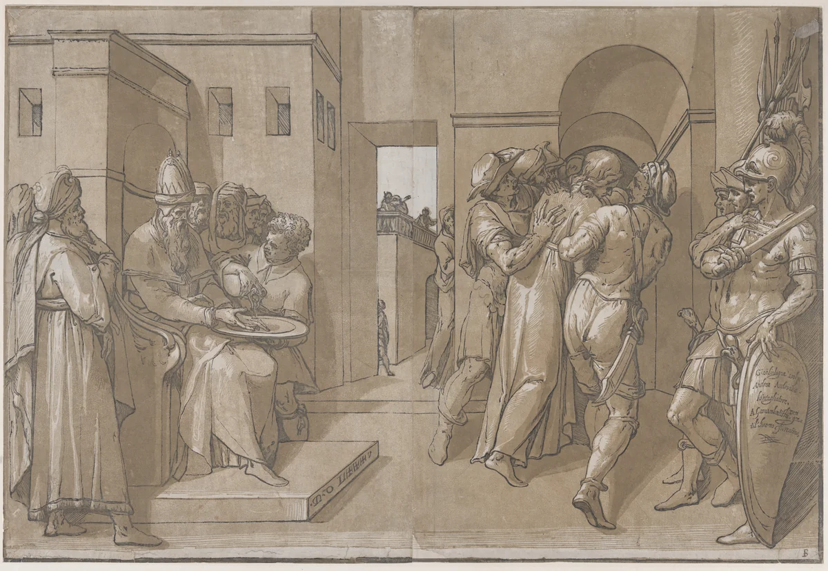 Pilate at the left washing his hands (left side of sheet) by Andrea Andreani, print, 1585