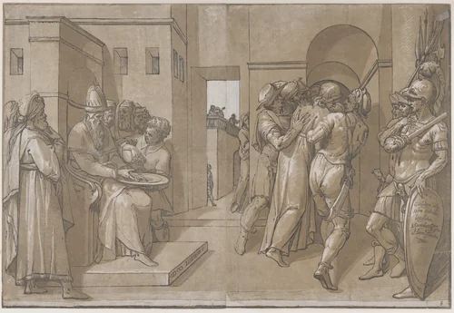 Pilate at the left washing his hands (left side of sheet) by Andrea Andreani, print, 1585