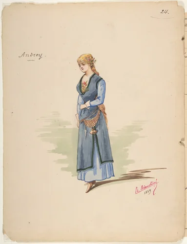 Costume Design for "Andrey" [a]; Descriptive sheet of Accessories [b] by Charles Bianchini, drawing, 1889