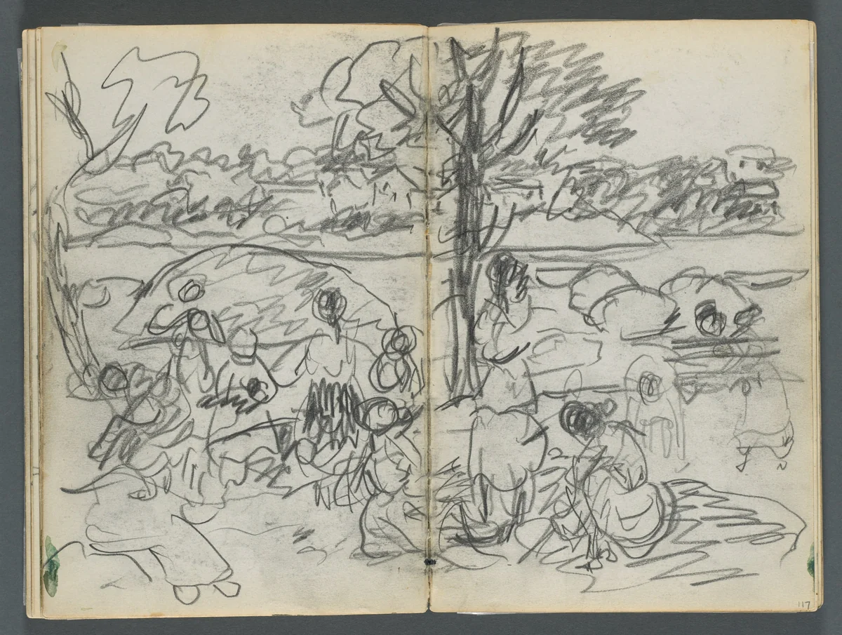Sketchbook, The Dells, N° 127, page 116 & 117: Figure in a Landscape by Maurice Prendergast, book, 1919-1921