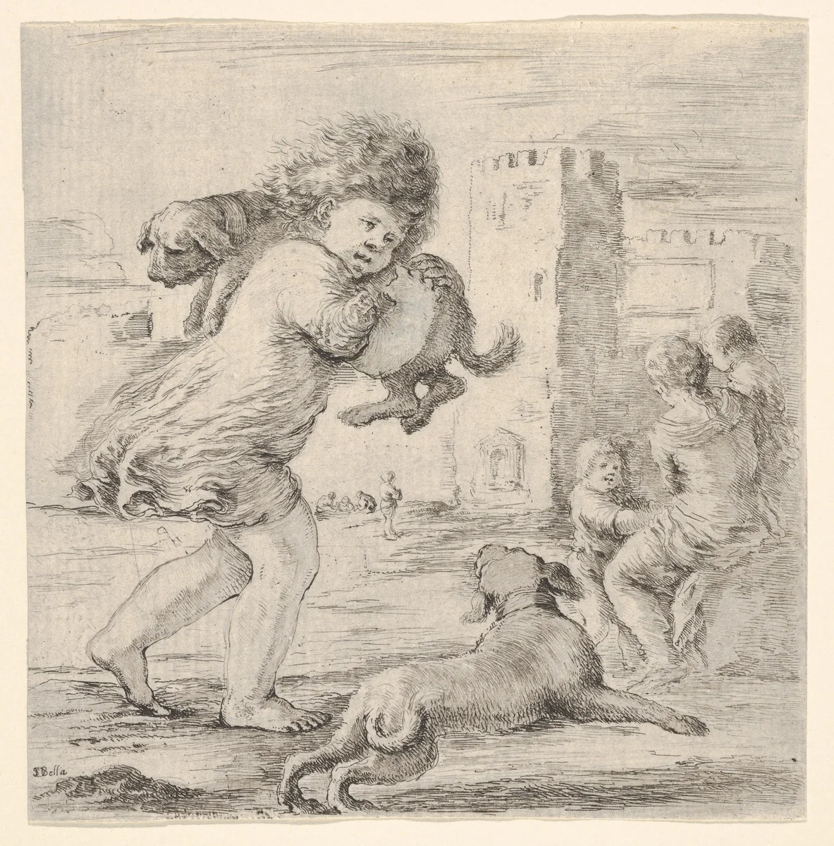 Child carrying a dog over his shoulder, walking towards the right, another dog running alongside to right, a woman with two children to right in the background by Stefano della Bella, print, 1660-1664