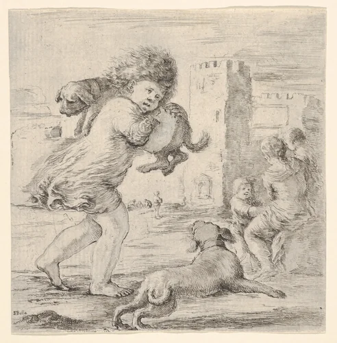 Child carrying a dog over his shoulder, walking towards the right, another dog running alongside to right, a woman with two children to right in the background by Stefano della Bella, print, 1660-1664