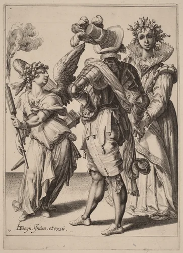 A Blindfolded Cupid Holding a Torch Before a Couple by Zacharias Dolendo; Jacques de Gheyn II, portfolio, 1518-1641